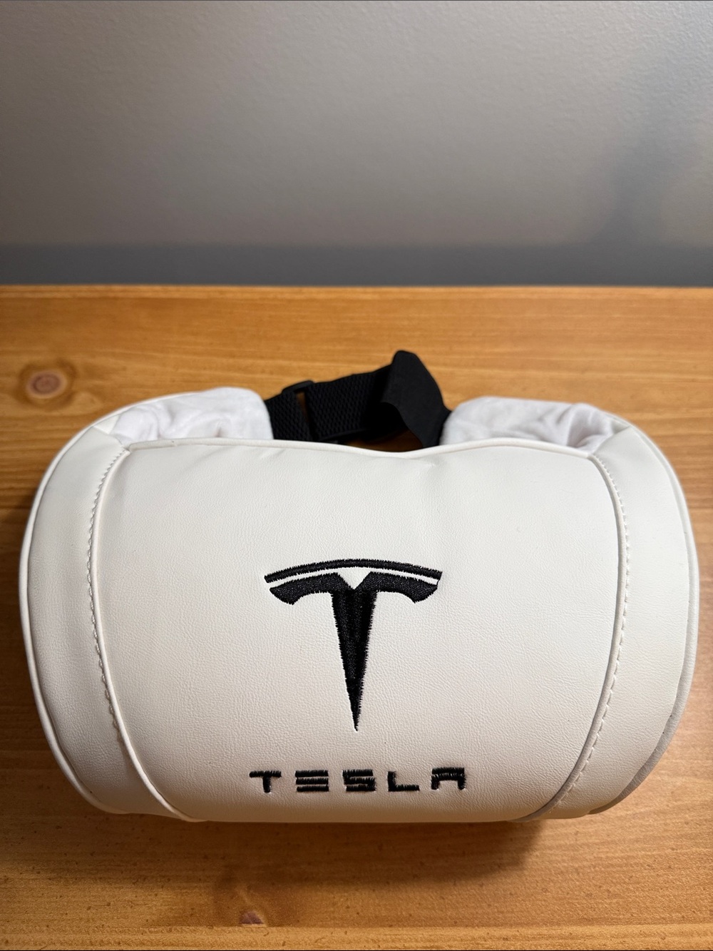 Tesla White Neck Pillow with Black Logo